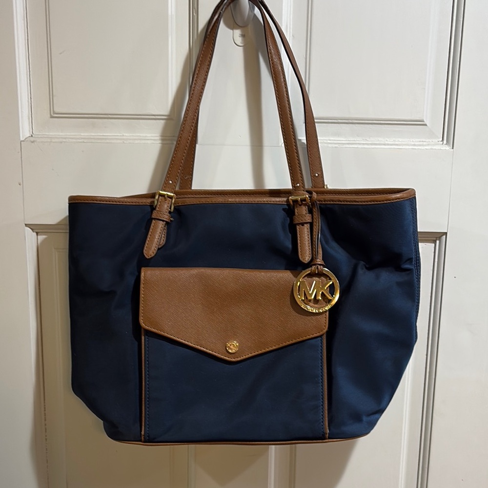 Michael Kors Blue and Tan Tote Bag with Structured Design